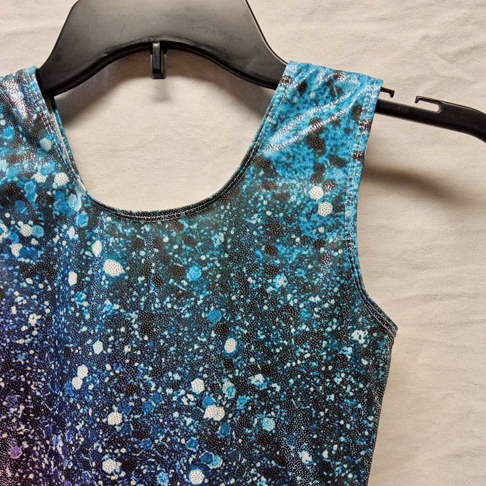 Girls Cosmic Splatter Shimmer Gymnastics Leotard Biketard Size 150 Pink Blue